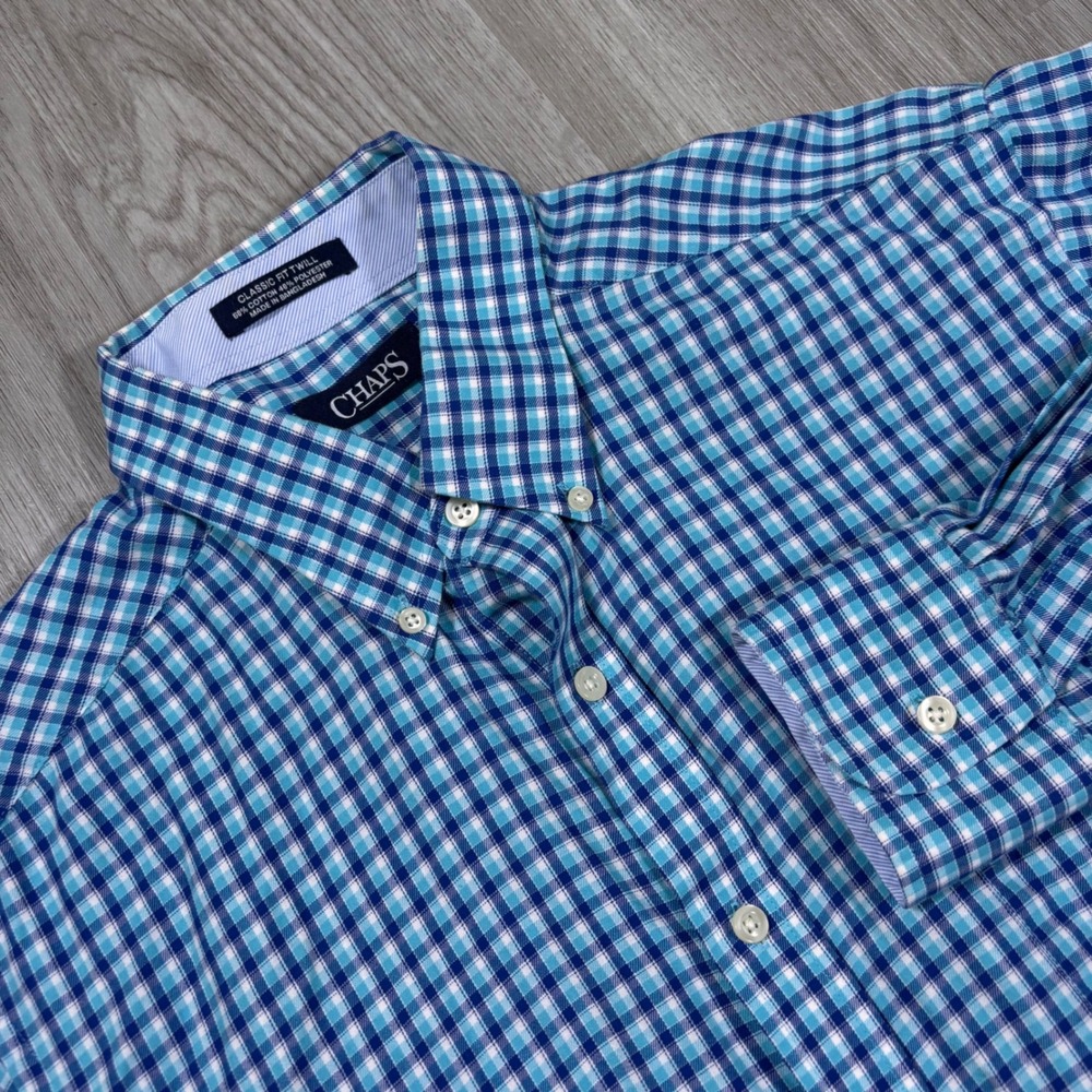 Chaps Mens Wrinkle Free Plaid Classic Fit Twill Button Down Shirt 16-16.5 34/35